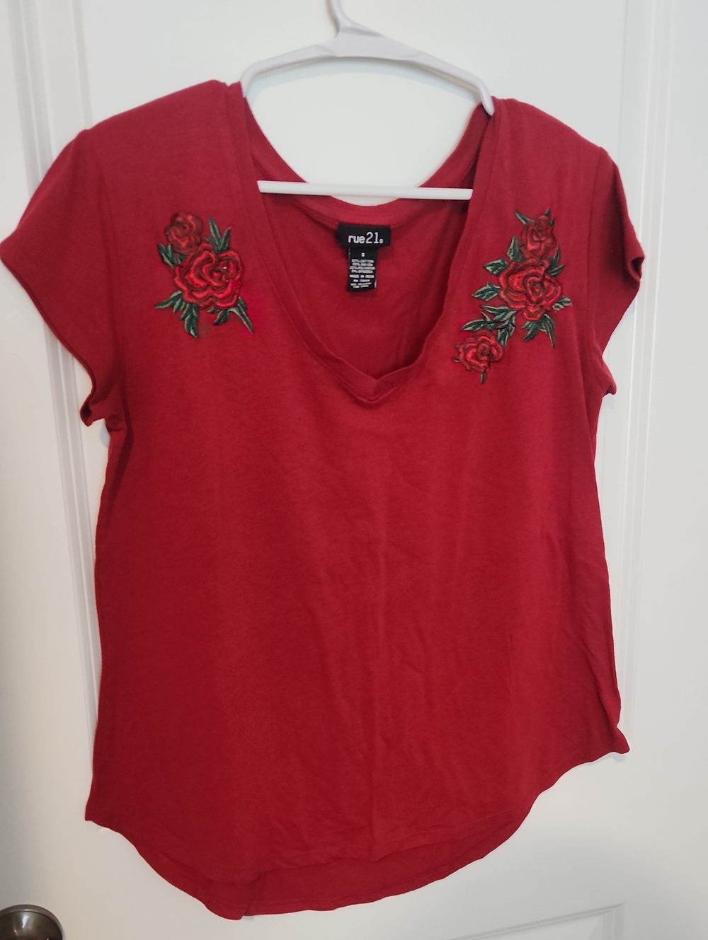 rue21 Red V-Neck Tee with Rose Embroidery Accents